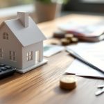 Modellhaus, Taschenrechner, Euro-Geldscheine und Vertrag auf einem Schreibtisch als Symbol für Immobilienmakler Kosten